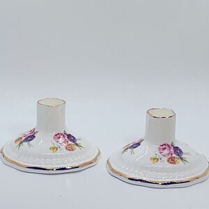 Vintage Royal Adderly Floral Porcelain Candle Holders with Gold Trim